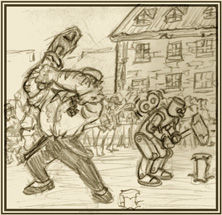 Illustration: Nilson and the Clockwork Man test their strength